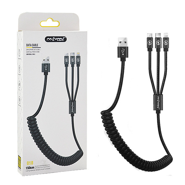 Usb cable 3in1 2.4a nafumi black 2400mah quick charger qc 3.0 1.5m elastic  nfm-016 spring