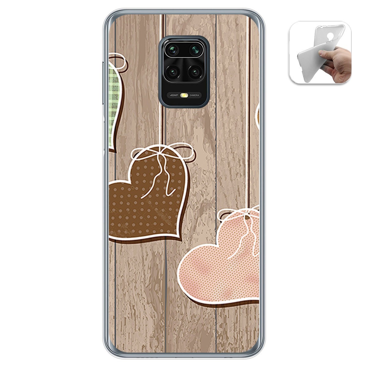 Tumundosmartphone Funda Gel Tpu para Xiaomi Redmi Note 9S / Note 9 Pro diseño Corazones Madera Dibujos