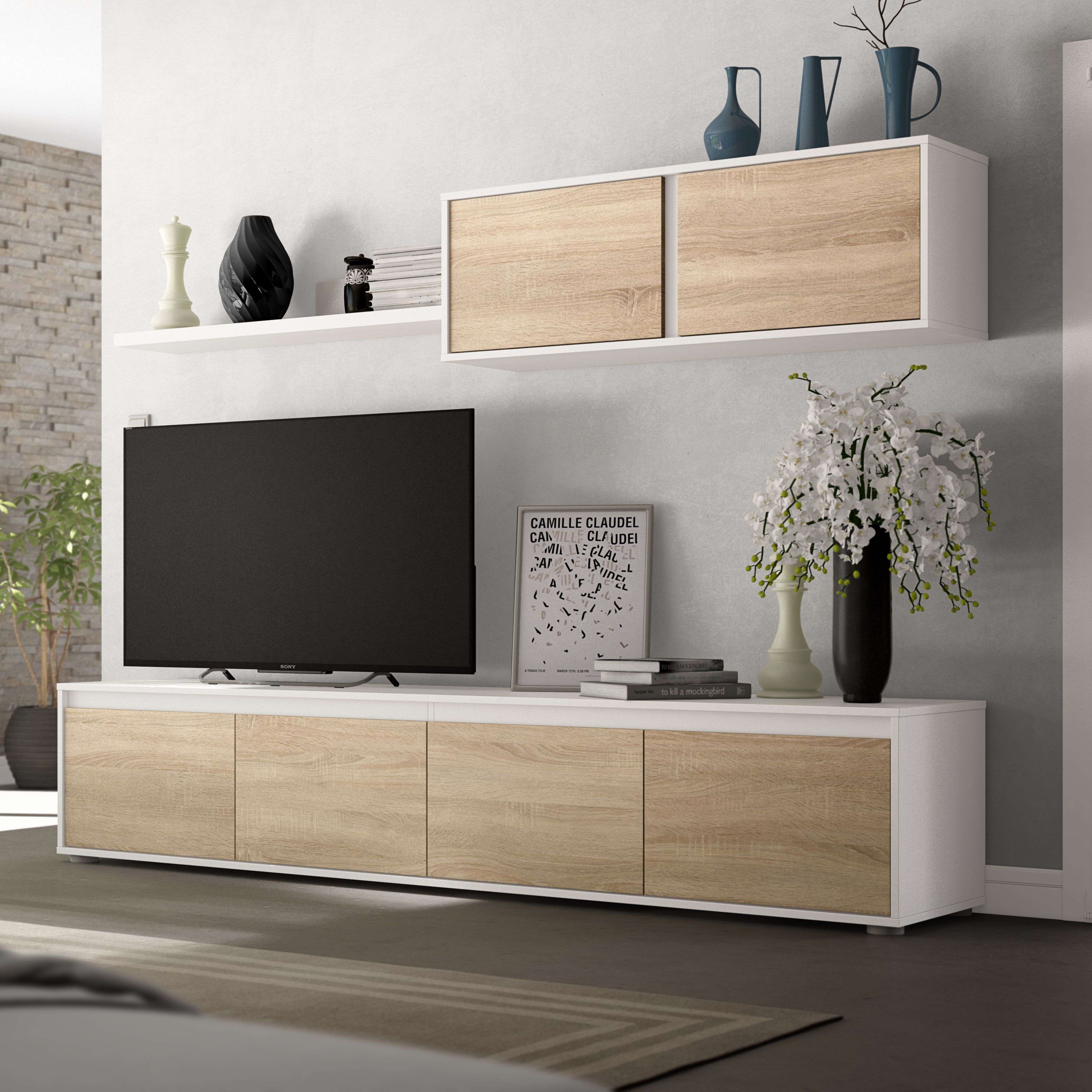 Miroytengo Conjunto para Salón con mueble TV, módulo superior y estante en color Roble Canadian y Blanco Mate 200cm