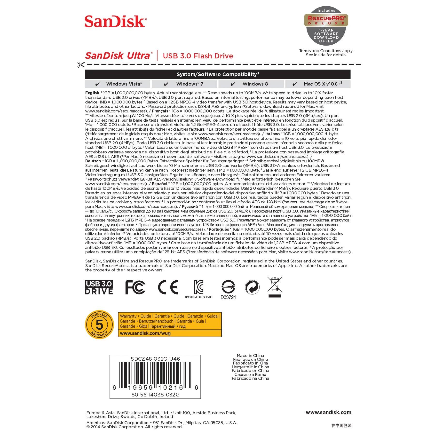 SanDisk - Memoria USB Cruzer Ultra SDCZ48-032G-U46 de 32 GB con USB 3.0, velocidad de lectura hasta 80 MB/s, cifrado AES 128 bits y conector retráctil negro