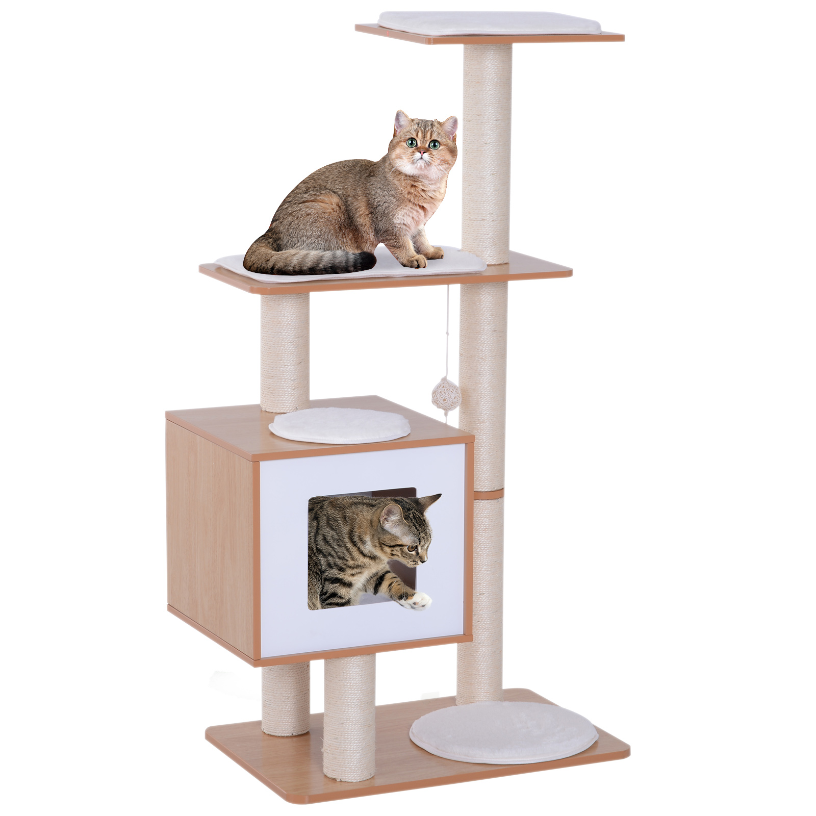 PawHut Árbol Rascador para Gatos de Madera 71,5x49,5x120 cm Torre de Gato con Cueva Plataformas Postes Rascadores de Sisal Cojines de Felpa Suave y Bolas Colgantes