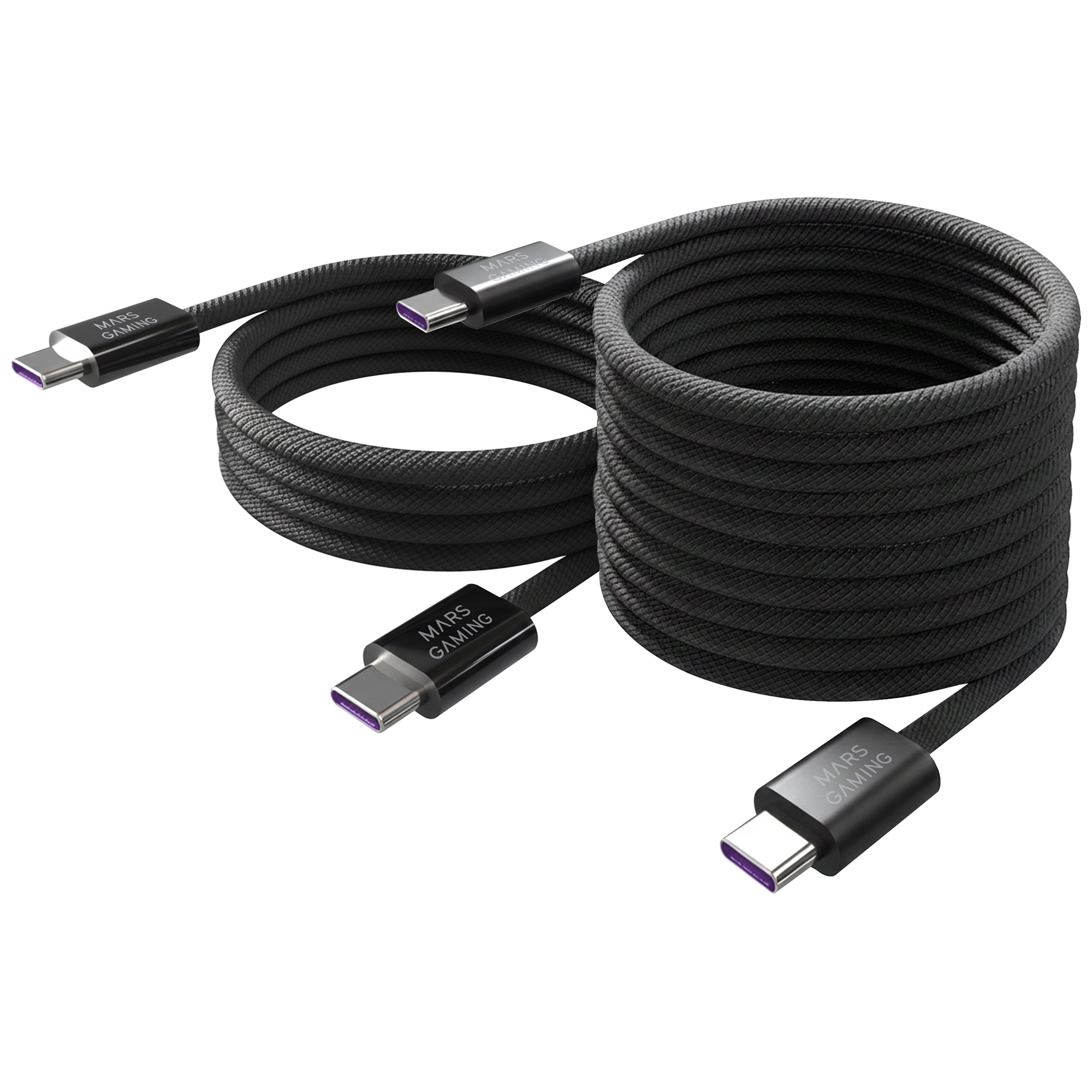Mars Gaming MCA-100X2, Pack 2 Cables USB-C Magnéticos 100W, PD 3.0 y Chip E-Marker, QC 2.0, AFC, PPS, SCP y FCP, Adaptador USB-A Incluido, Trenzado Nylon Reforzado, 480 Mbps, Pack Cables USB Negros o Blancos