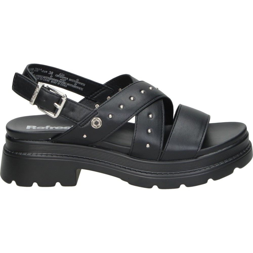REFRESH | Sandalia de Tacón Refresh para Mujer – Diseño Negro con Tiras Cruzadas, Tachuelas Metálicas, Pulsera Trasera con Hebilla Regulable y Suela de Goma con Perfil Elevado – Modelo 175156