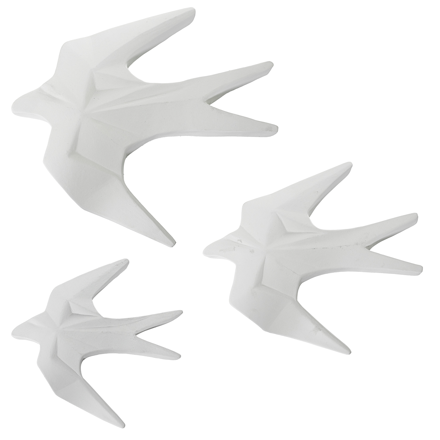 Set 3 figuras pared golondrinas ceramica blanco mate 24x4x24 y 28x4x31 y 34x4x37cm