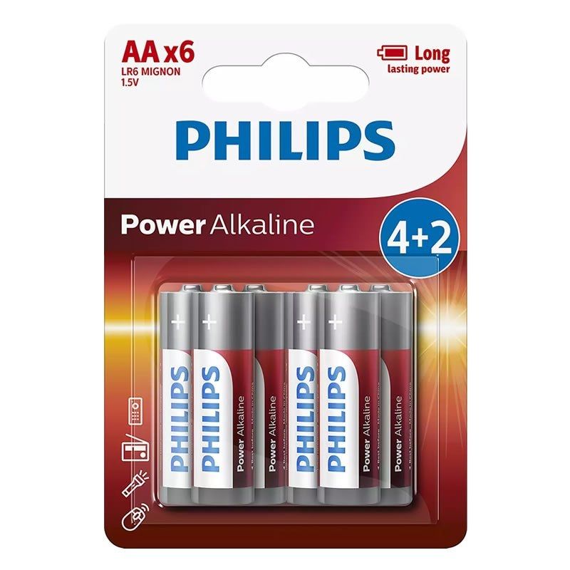 Philips Power Alkaline Batería LR6P6BP/10 - Pilas (Single-Use Battery, AA, Alcalino, 1,5 V, 6 Pieza(s), 14 mm)