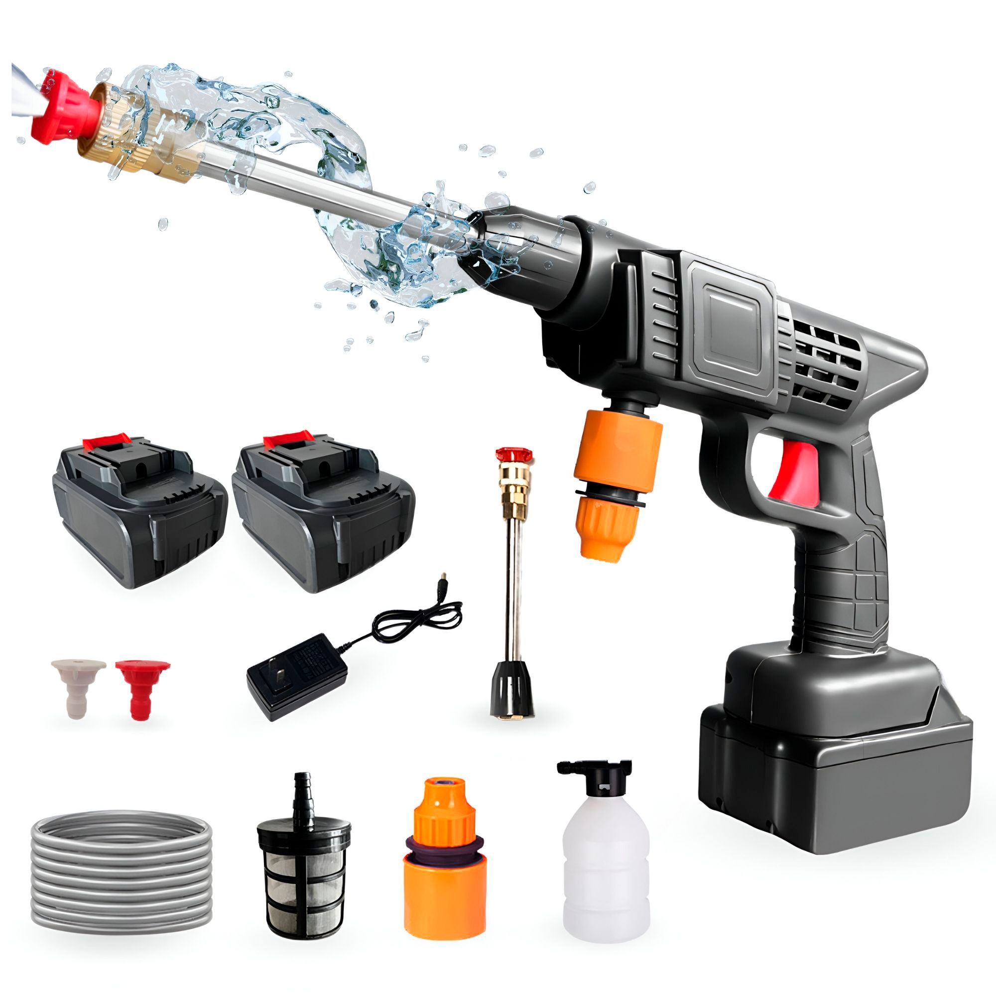 MAGIC SELECT Pistola de Alta Presión. Limpiador de Alta Presión Portátil 35Bar/500PSI y 1500mAh/300W y 2 Baterías 48V. Set de Pistola Hidrolimpiadora Inalámbrica, Recargable para Limpiar Coche, Terraza, Jardín.