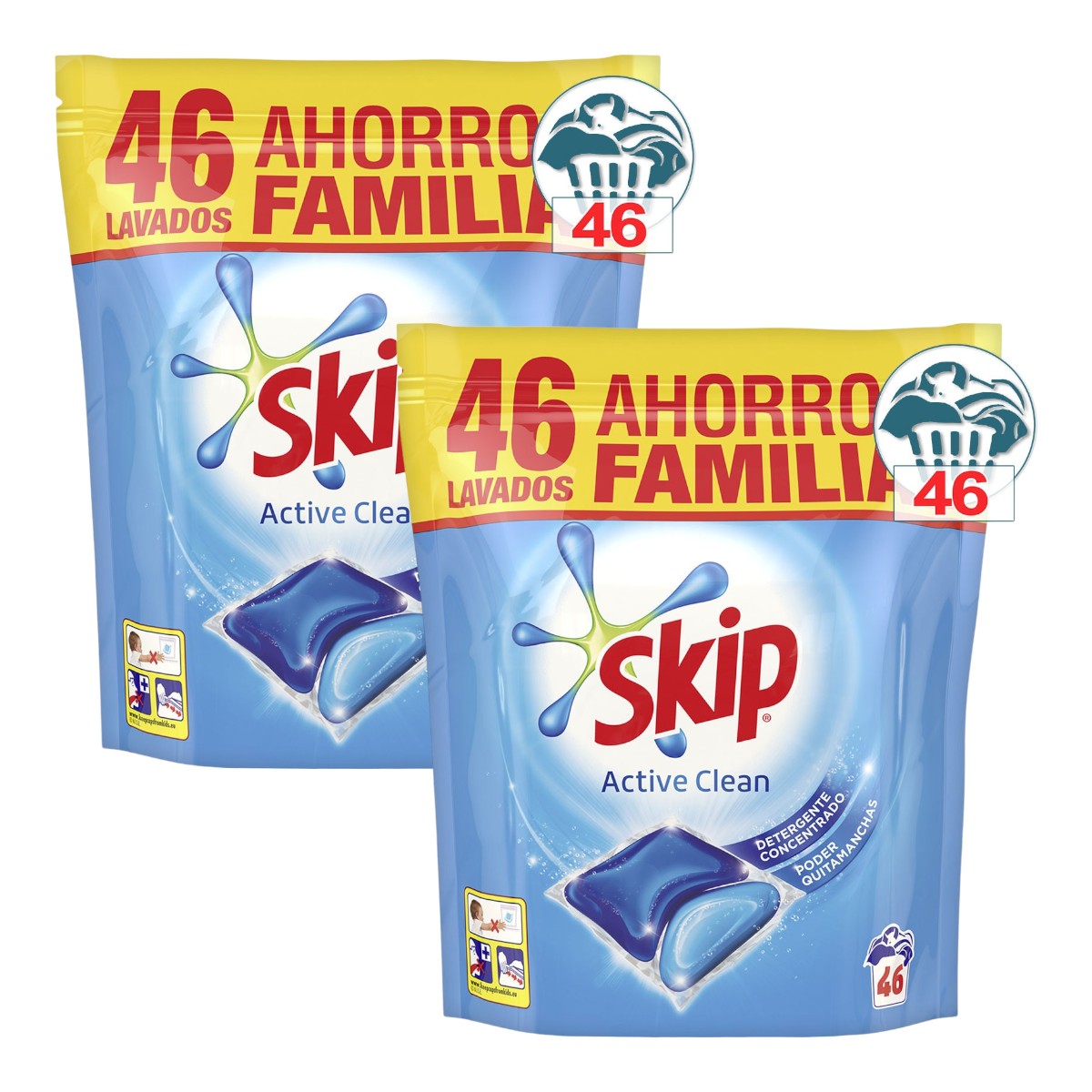 SKIP Active Clean Pack 2 Bolsas de detergente máquina líquido doble acción envase 46 cápsulas (Total 92 cápsulas)