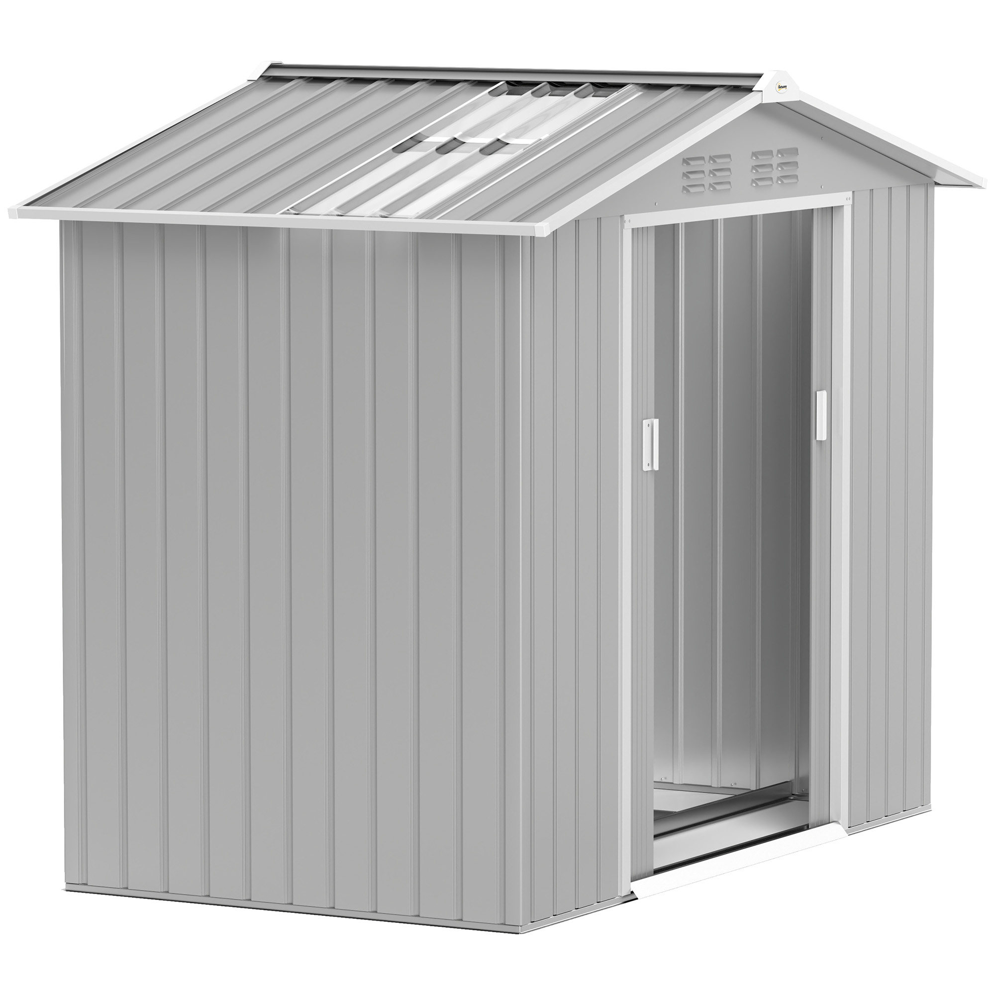 Outsunny Caseta de Jardín Exterior, 2,5 m² 213x130x185 cm, Cobertizo de Jardín Exterior Metálico con 2 Puertas Correderas, Claraboya, Base Refuerzo (Suelo NO Incluido) y 4 Ventanas, Gris Plata