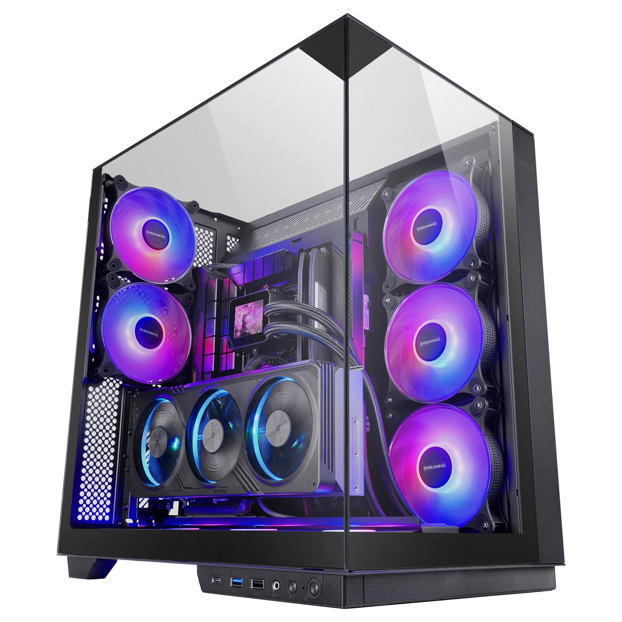 Mars Gaming MC-3GF, Caja Gaming ATX, Triple Cristal Continuo, 2x Ventiladores ARGB Traseros 120mm, Montaje Vertical de Tarjetas Gráficas, Torre PC con Soporte Refrigeración Líquida hasta 360mm, Caja PC Negra, Blanca o Fibra de Carbono