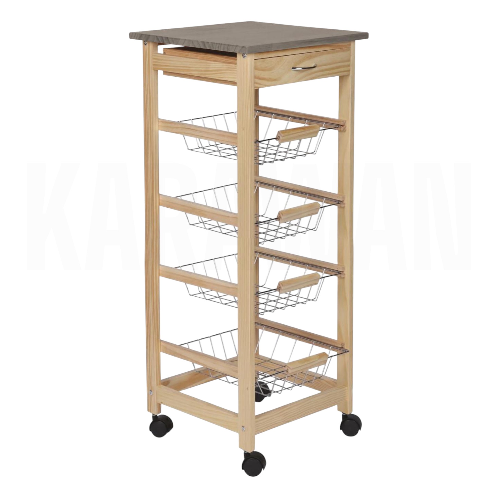 Carrito Verdulero Karawan Metal/Madera, Con Cajón, Cesta y Ruedas para Facilitar su Desplazamiento - Karawan