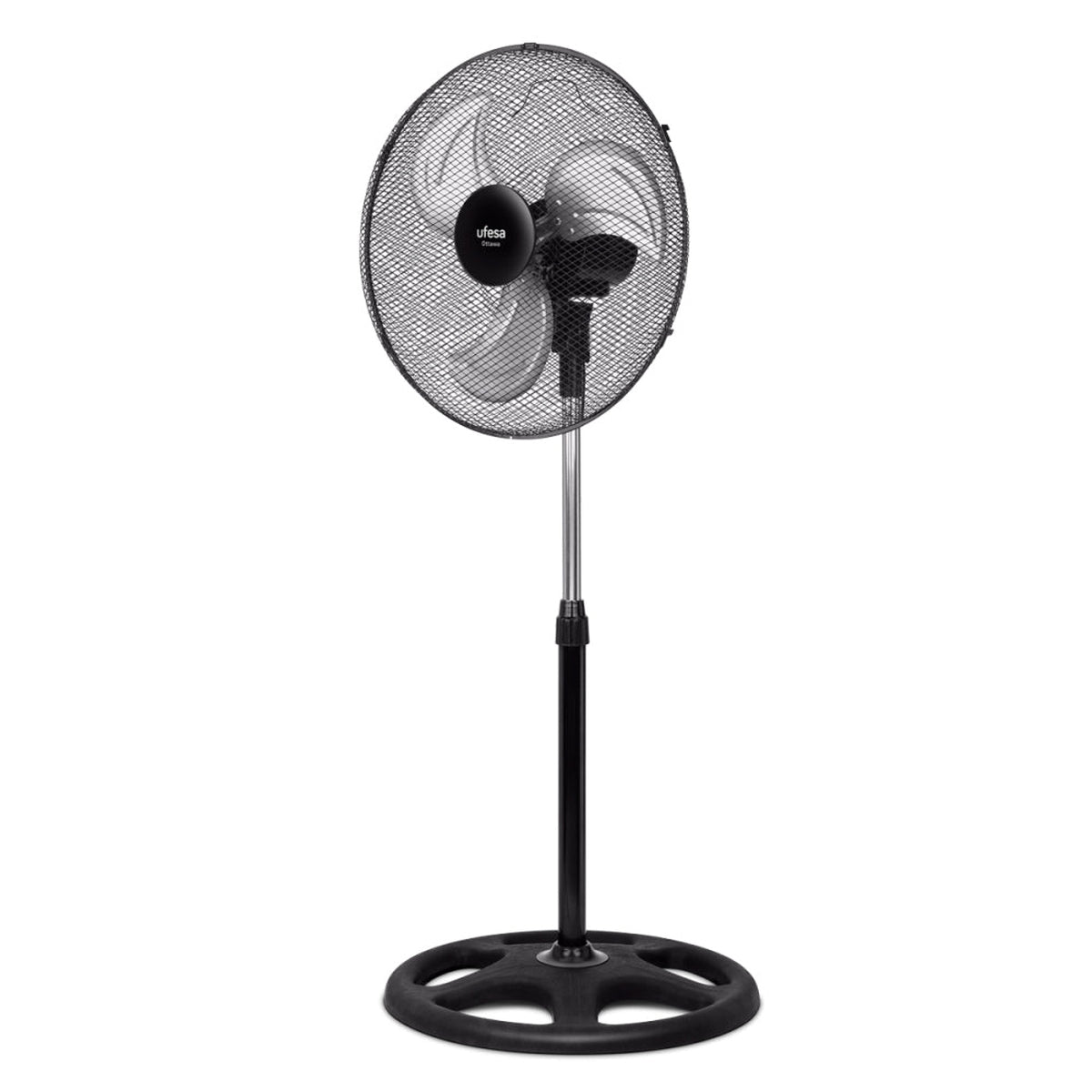 Ufesa - Ventilador de pie Ottawa de 70 W con 3 aspas metálicas, cabezal orientable e inclinable, oscilación derecha/izquierda y altura ajustable para salón, dormitorio o oficina