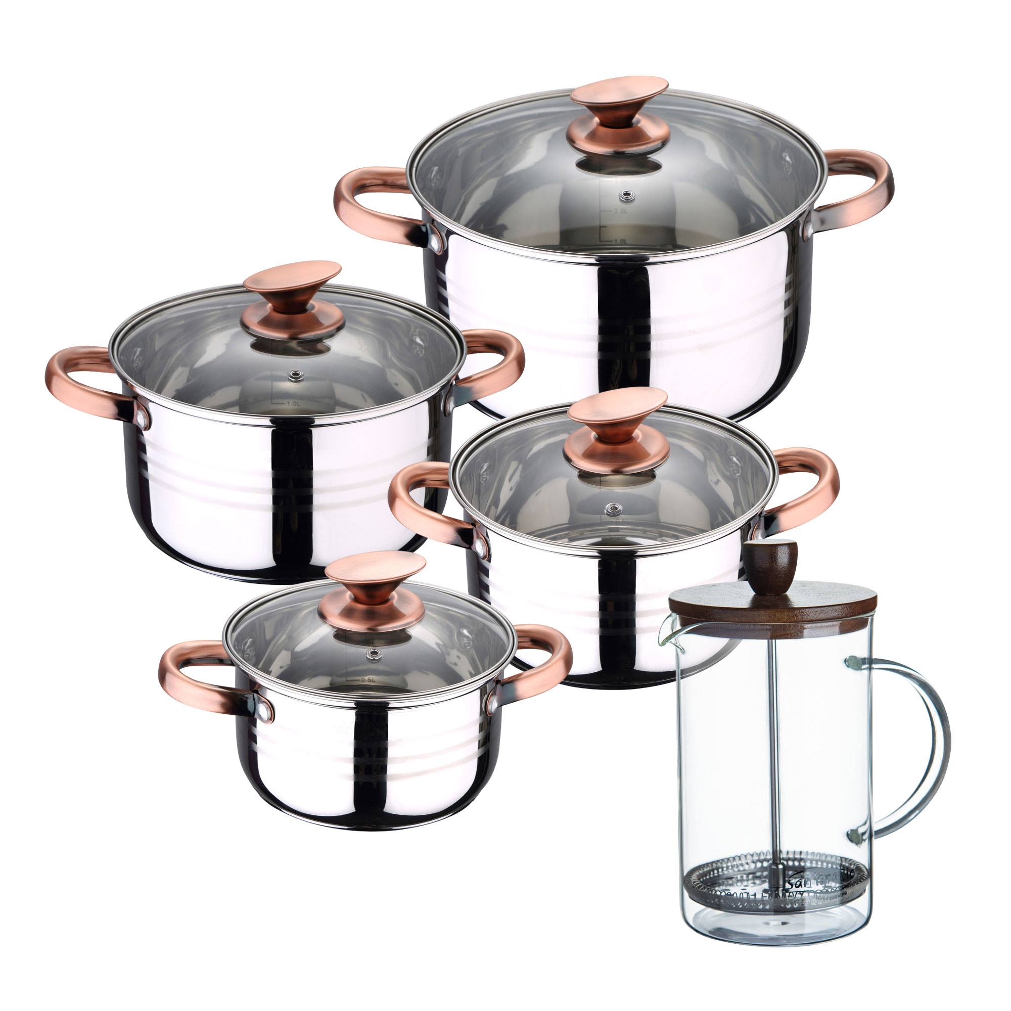 Bateria 8pc acero inoxidable apta para inducción Colección San Ignacio Premium +  Delantal de Cocina Gris oscuro 100% Algodón 75x80cm