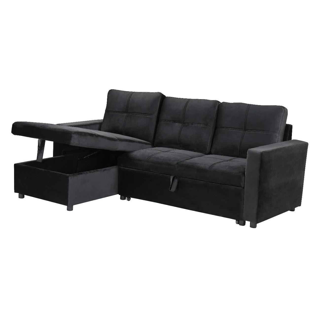 Sofa cama con arcon y chaise longue PAU 3 plazas color negro terciopelo