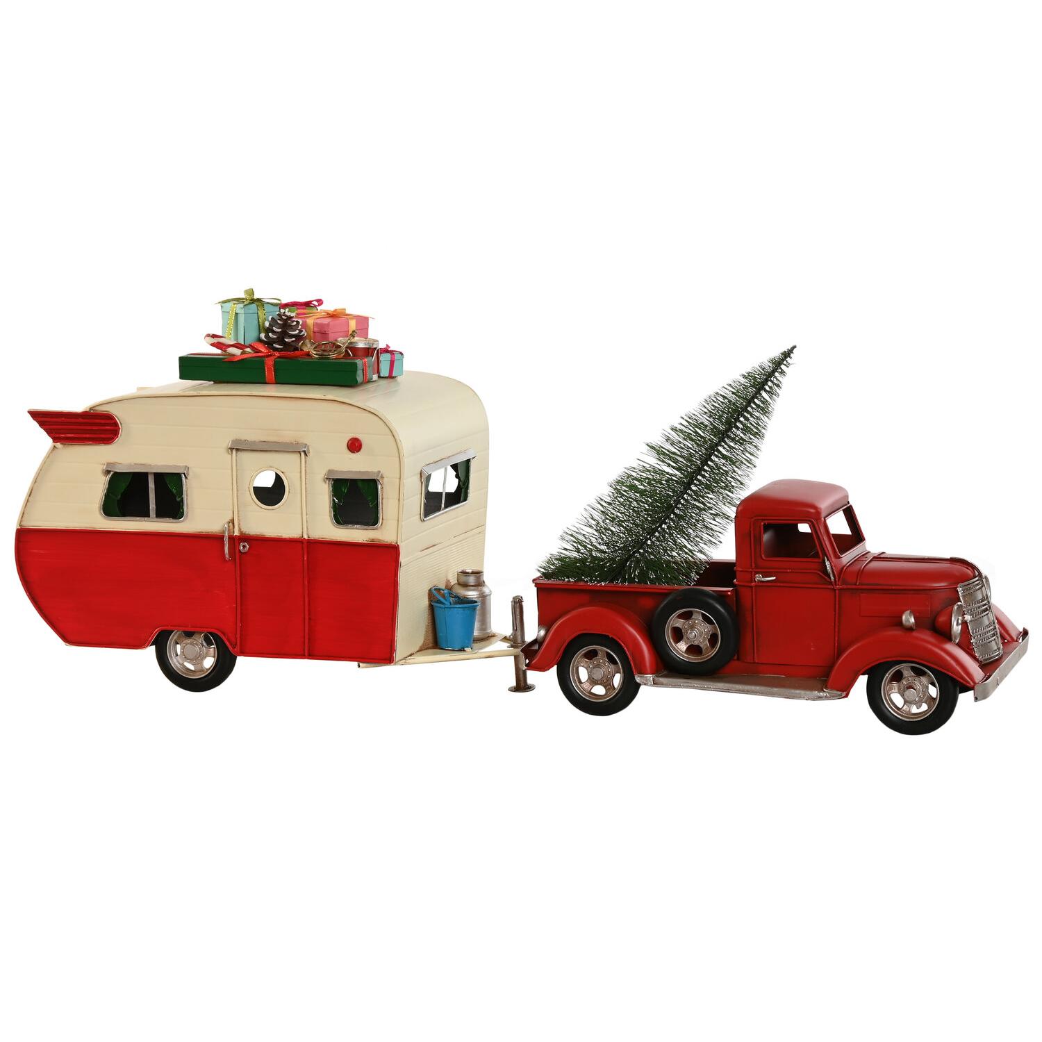 Vehiculo Decoracion Metal 73X19X28,5 Caravana Rojo, Decoracióna de navidad para todos los hogares, Navidad Tradicional