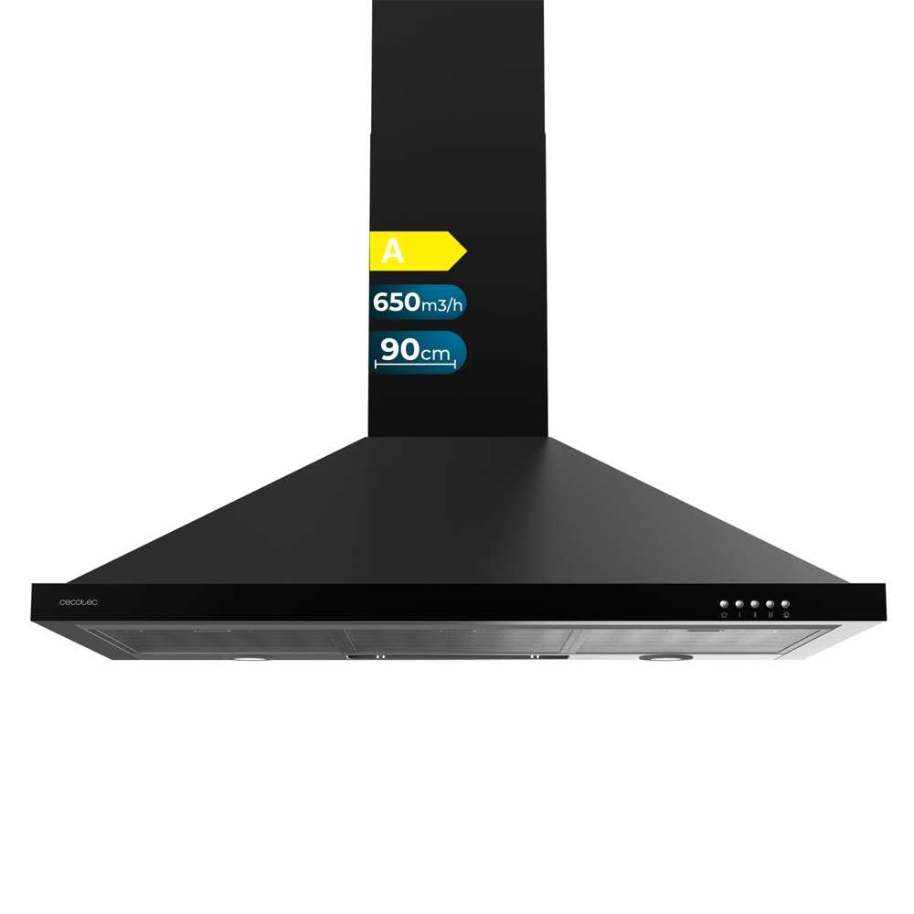 Campana piramidal bolero flux pm 906500 black a de 90cm de ancho, acabado negro, succión 650m3/h, motor 165w, clase a, control mecánico, 3 niveles de potencia, luz y filtro de carbono.