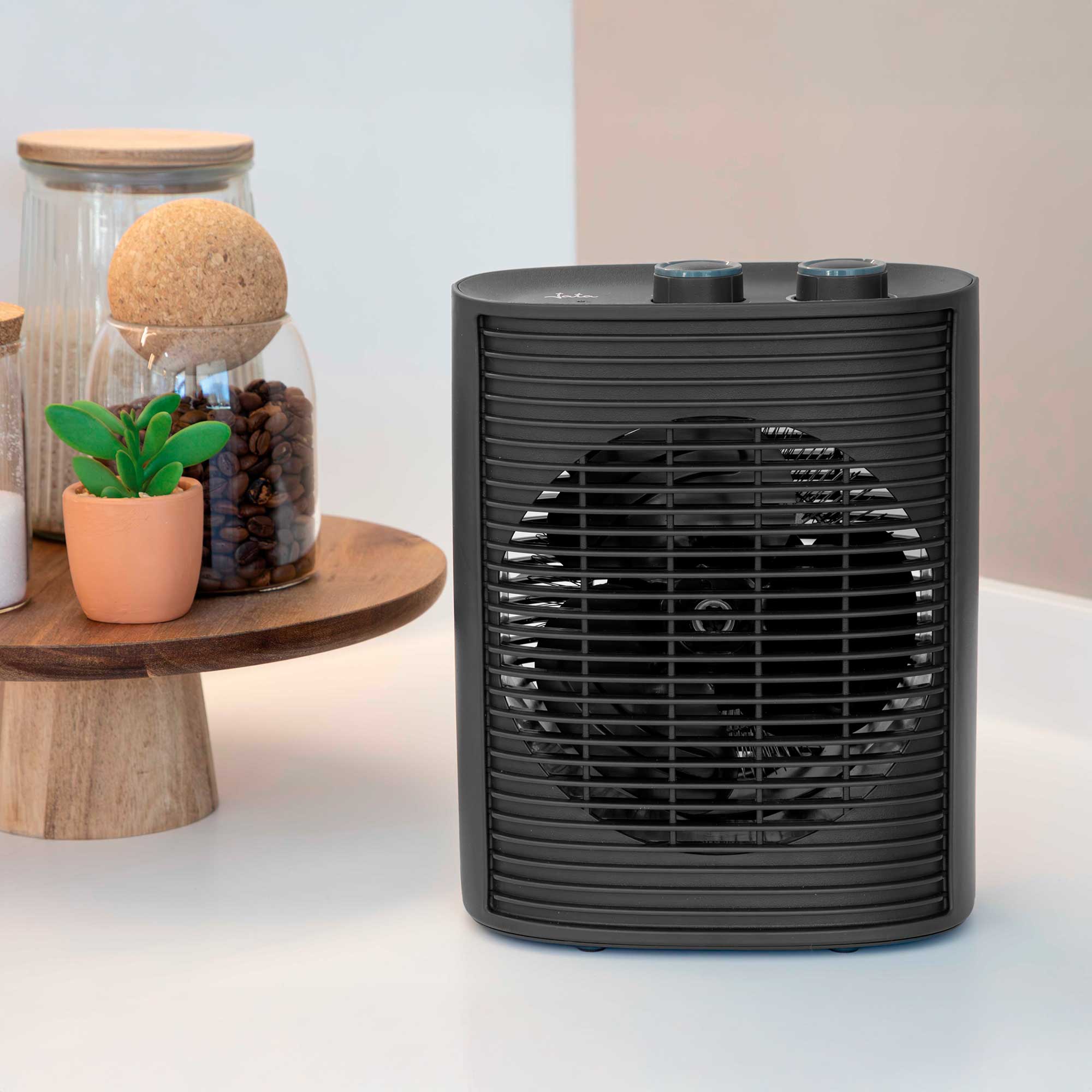 JATA JCTV1193 - Calefactor Bajo Consumo. Termoventilador Baño 2000 W. 2 Potencias. Ventilador. Termostato Regulable. Antivuelco. Asa de Transporte. Compacto: 18,5 x 12 x 24 cm