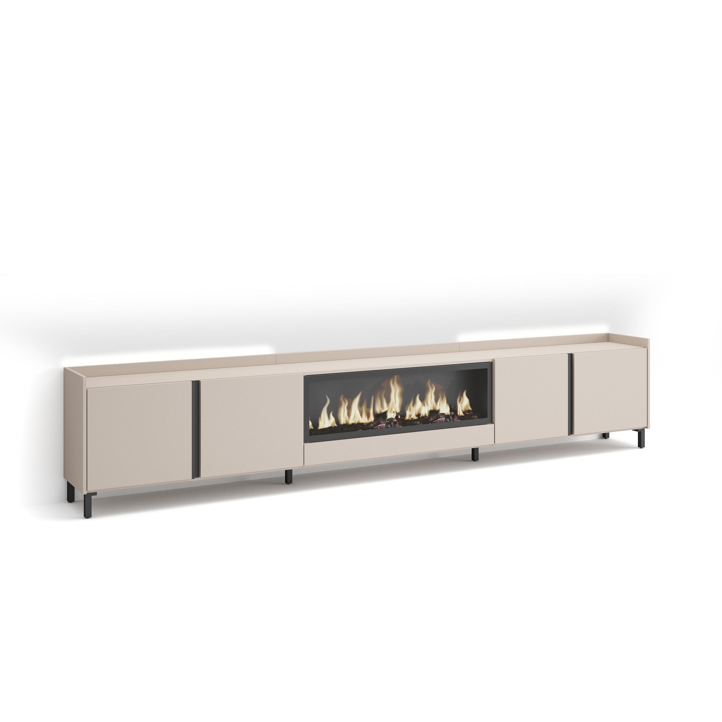 Mueble TV, Televisión, 315x35x61cm, Para TV hasta 80", Chimenea eléctrica XXL, Diseño industrial, LED