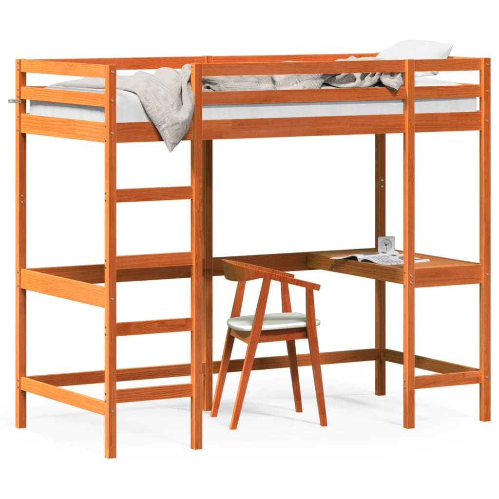 vidaXL Cama alta con escritorio madera maciza pino marrón 90x200 cm
