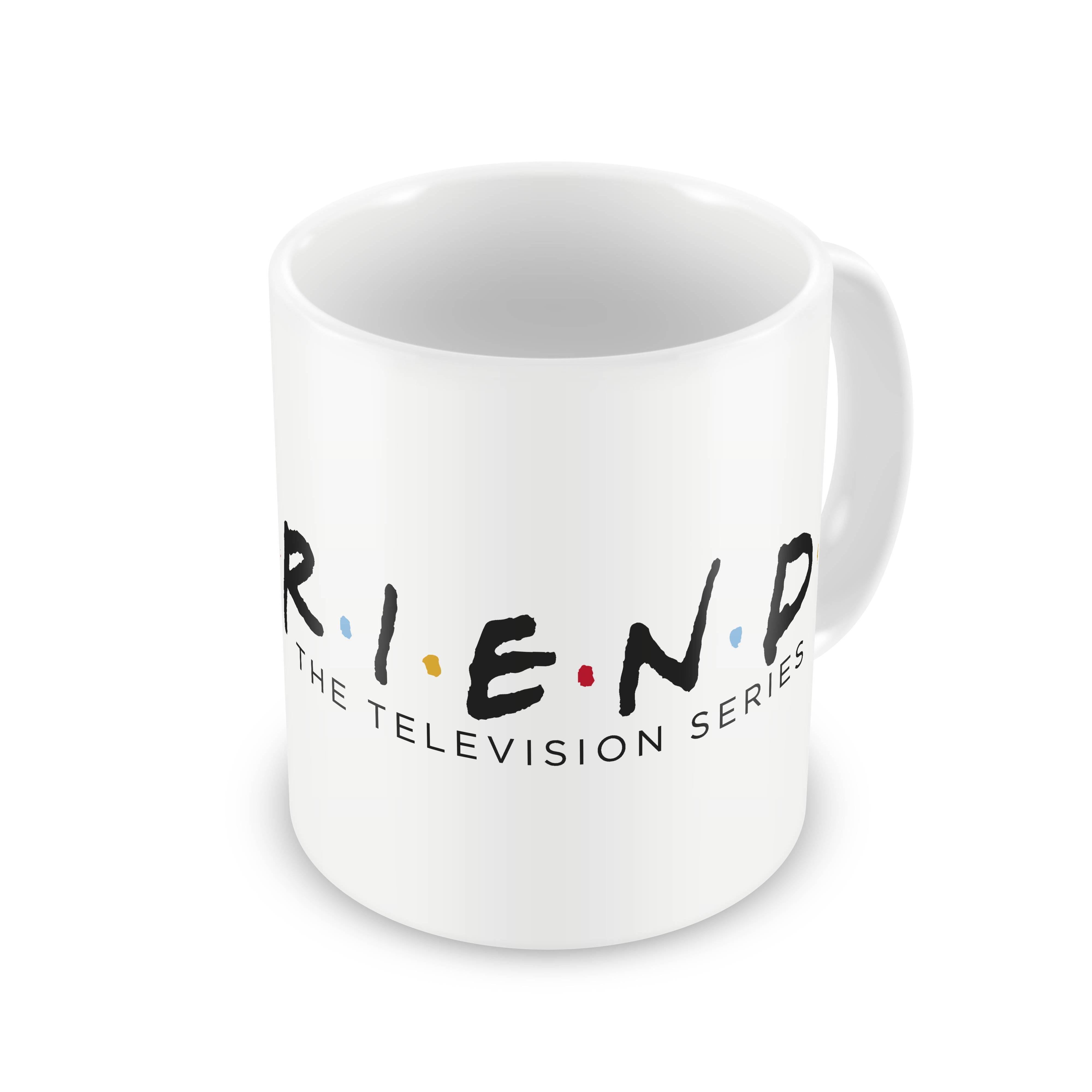 Friends Logo Mug, 350 ml ceramic coffee cup, dishwasher safe, 9.5 cm high, 8 cm diameter, ideal fan merchandise with protective box.