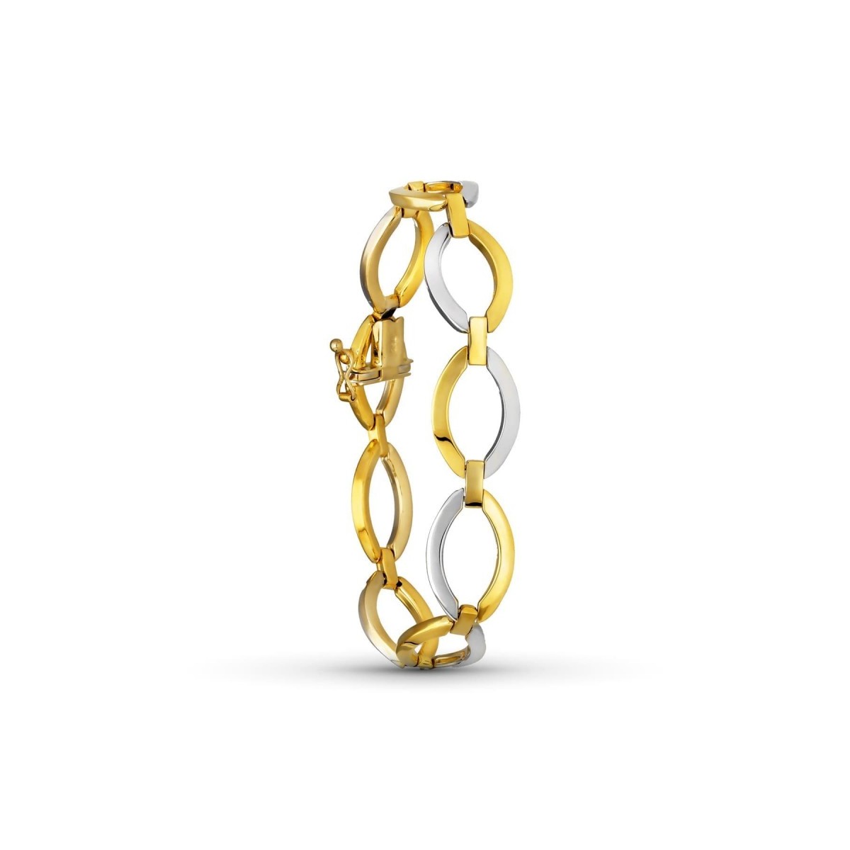 Pulsera oro bicolor 18k mujer eslabones ovalados calados lisos brillo