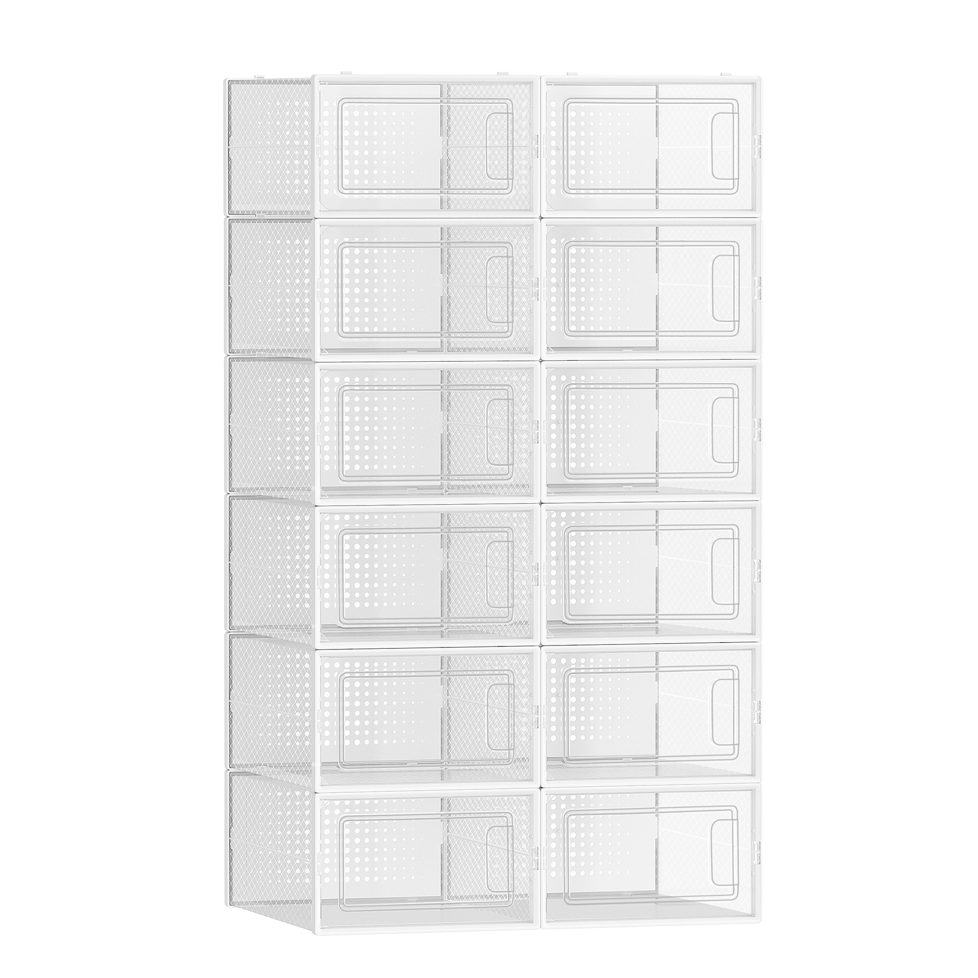 SONGMICS Cajas de Zapatos Plástico, Juego de 12 Organizadores de Almacenamiento, Caja Zapatero Plástico Plegable y Apilable para Zapatillas hasta talla 44, Transparente y Blanco/Transparente y Azul Carbón/Transparente y Verde Laurel