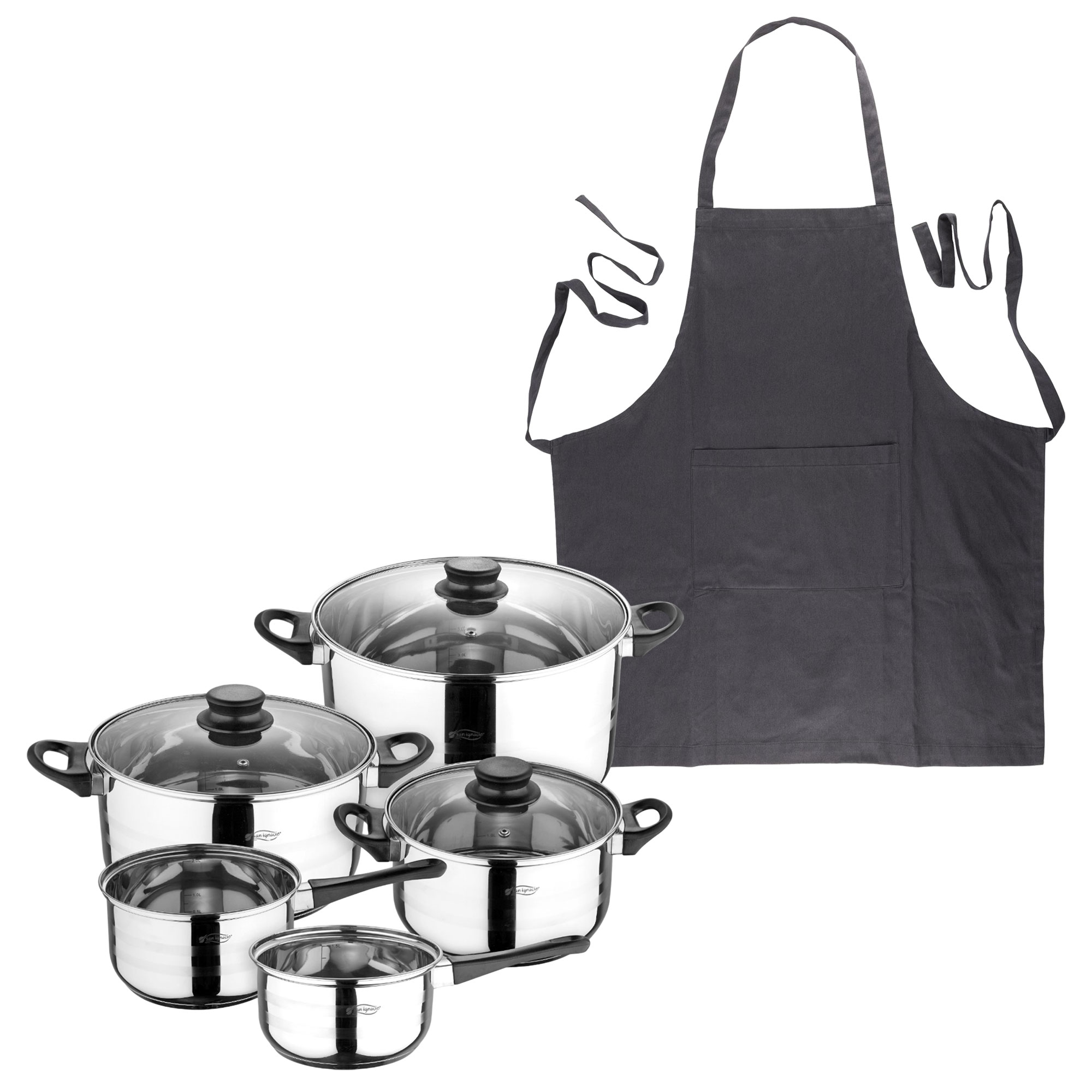 Batería de cocina de ocho piezas San Ignacio+  Delantal de Cocina Gris oscuro 100% Algodón 75x80cm de talla única SMART MasterPRO