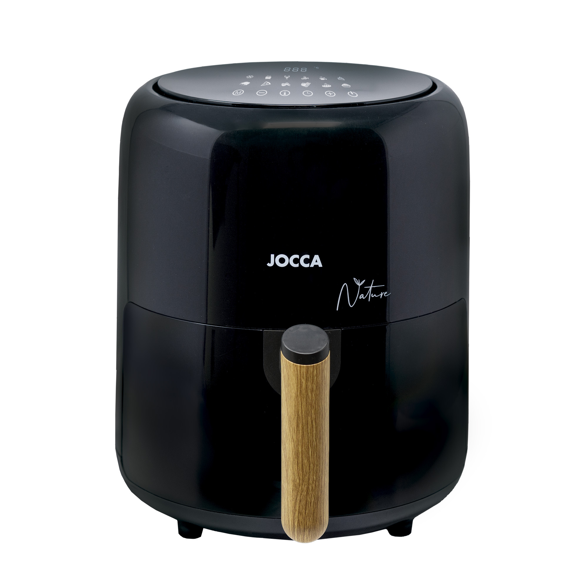 Freidora de aire digital Jocca Nature 3,8L con 12 programas automáticos, pantalla LED táctil, función freír, asar, gratinar, calentar y descongelar, temporizador hasta 60min, temperatura 80-200°C, apagado automático, rejilla antiadherente y 1450W