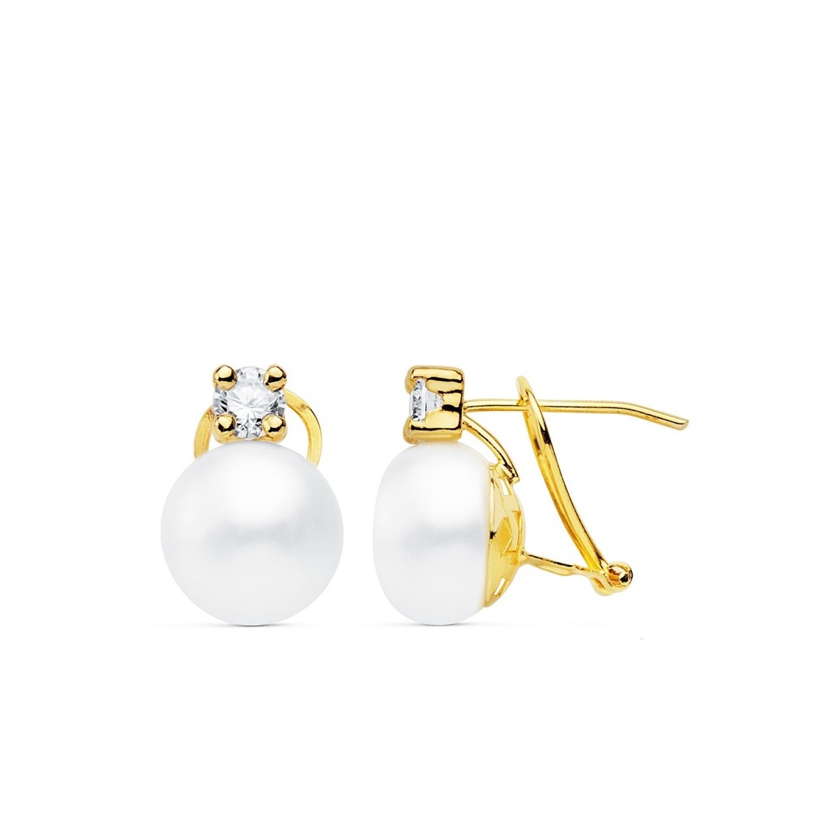 Pendientes oro 18k 14mm. perla cultivada botón 10mm. chatón circonita cierre omega mujer