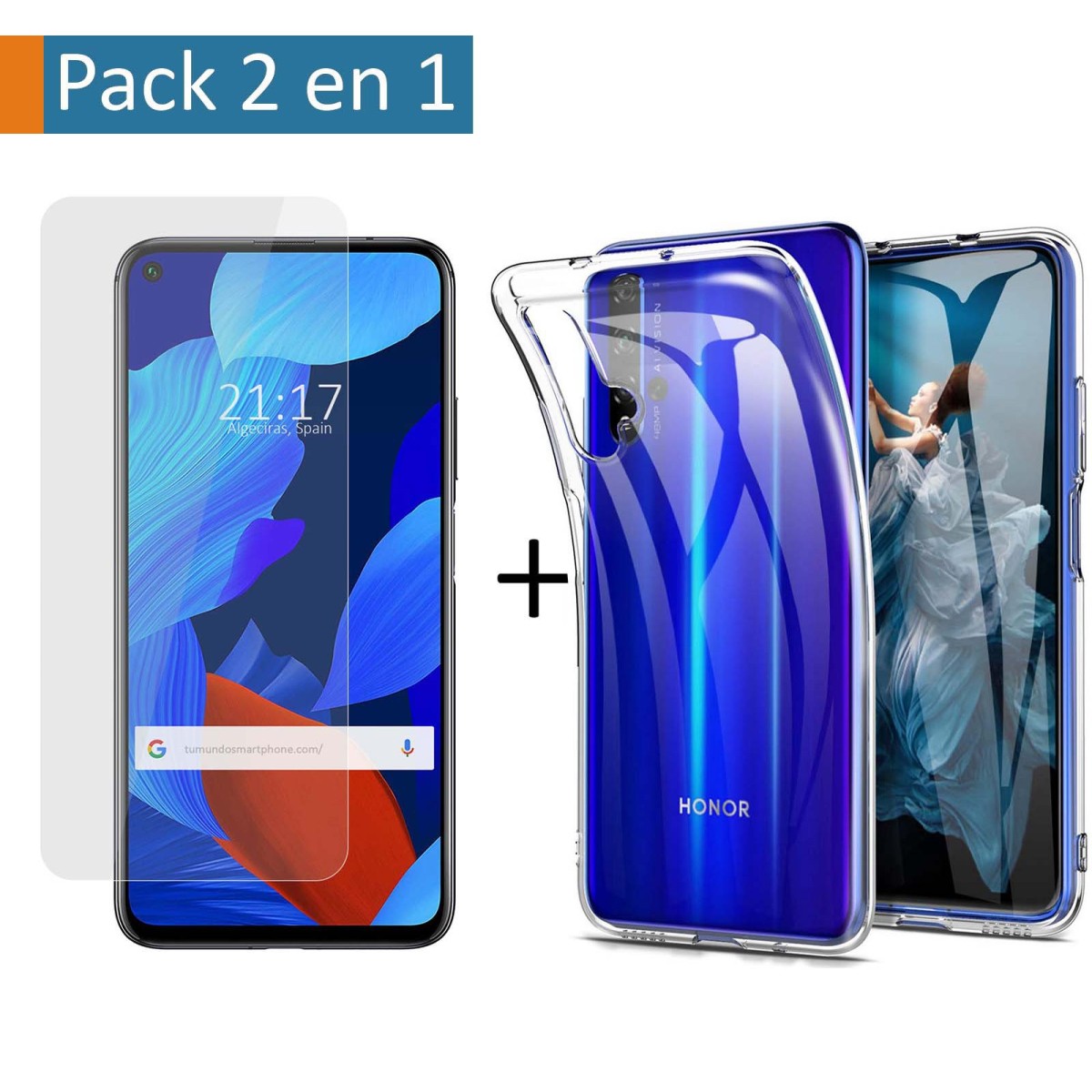 Tumundosmartphone Pack 2 en 1 Funda Gel Transparente + Protector Cristal Templado para Huawei Nova 5T / Honor 20 - Protección Completa