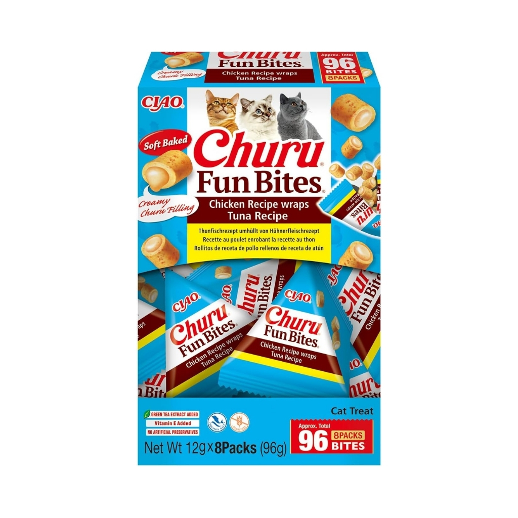 CHURU Fun Bites (8x12 gr) - Snack Doble Textura para Gatos con Relleno Cremoso Churu Sin Conservantes Artificiales (Pollo, Pollo con Atún, Pollo con Calabaza ó Atún con Queso)