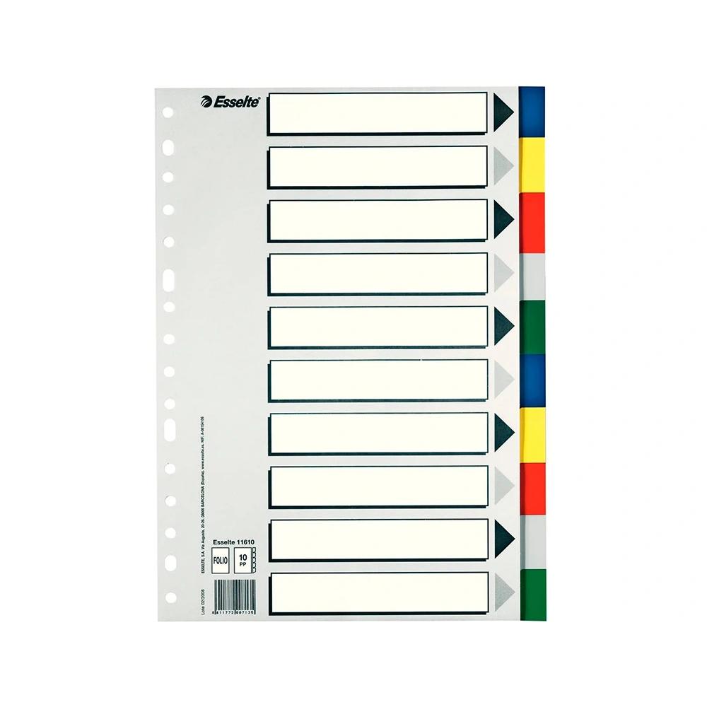 Separadores folio multitaladro polipropileno 10 pestañas colores vivos Esselte - ideal para carpeta de anillas