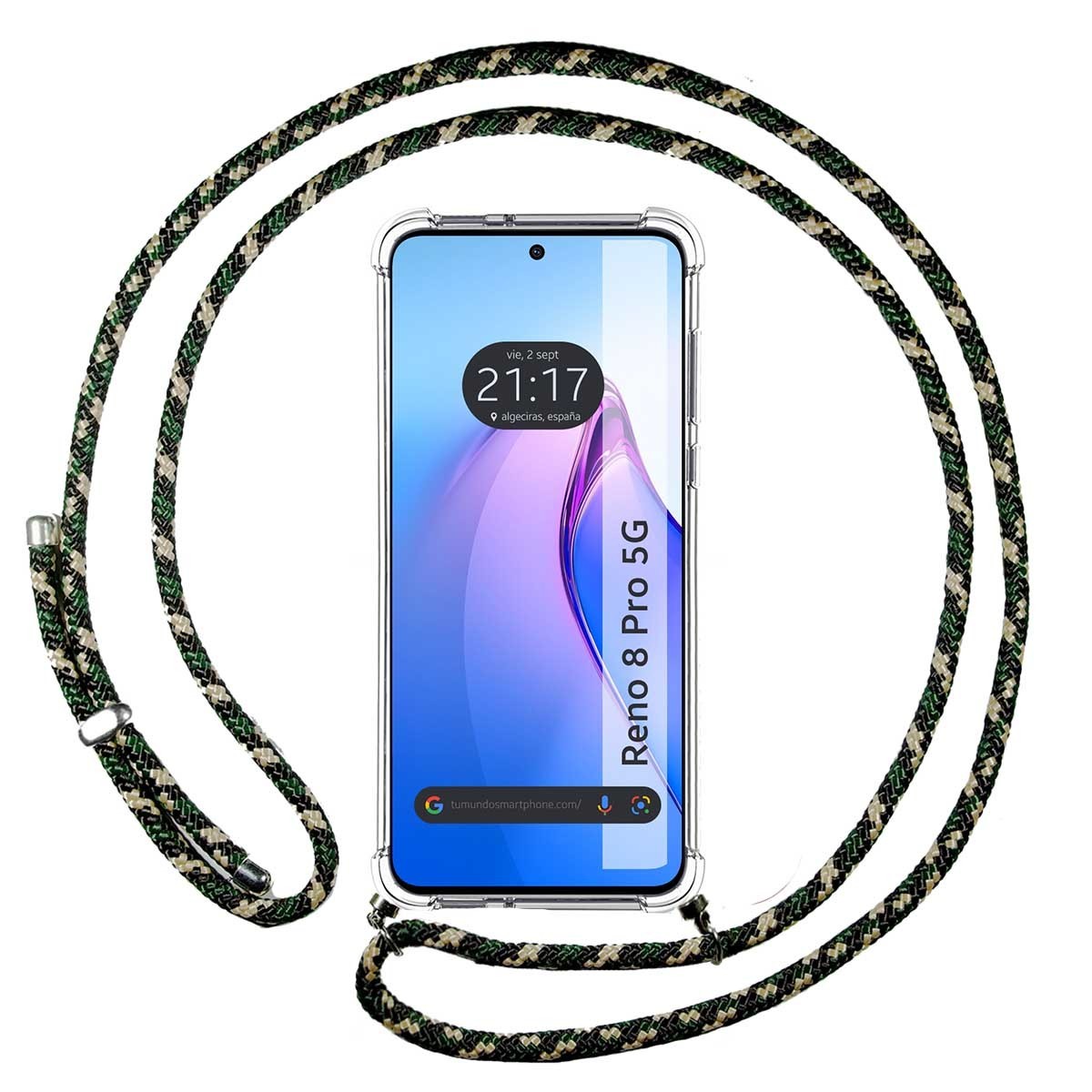 Funda Colgante Transparente para Oppo Reno 8 Pro 5G con Cordon Verde / Dorado