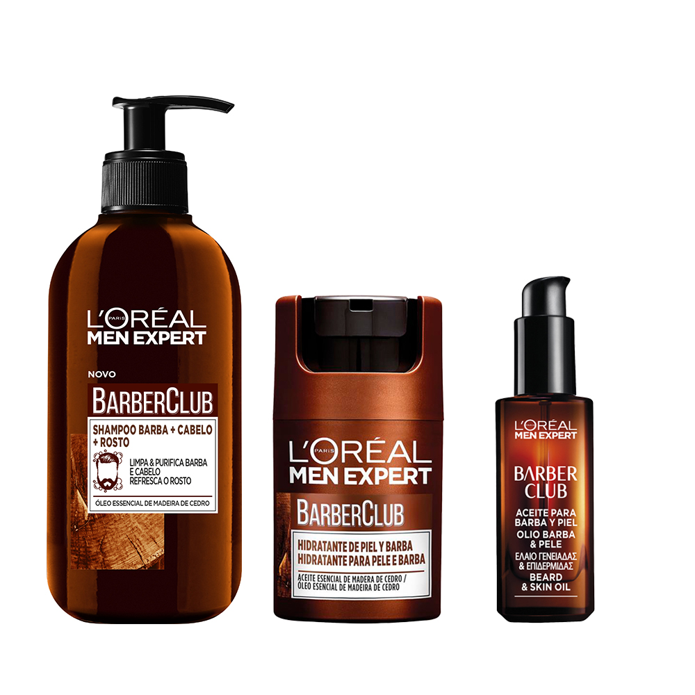 LOréal Paris | Rutina Men Expert Barber Club Champú 3 en 1: Barba + Cabello + Rostro 200 ml + HIDRATANTE BARBER CLUB PARA PIEL Y BARBA + Aceite para Barba Larga 30 ml