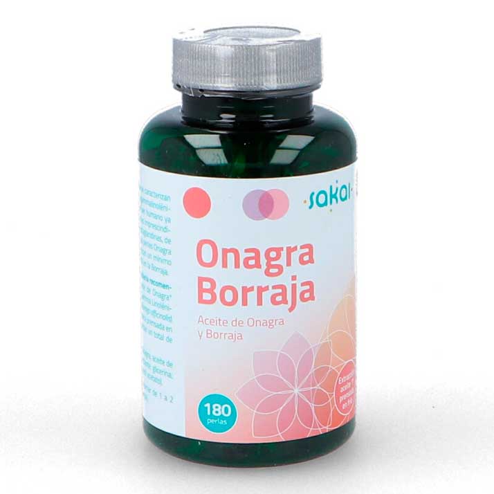 Aceite de Onagra y Borraja 180 Perlas - Complemento Alimenticio - Riqueza Mínima 20% GLA - Salud de la Mujer - Prensado en Frío - Marca Sakai