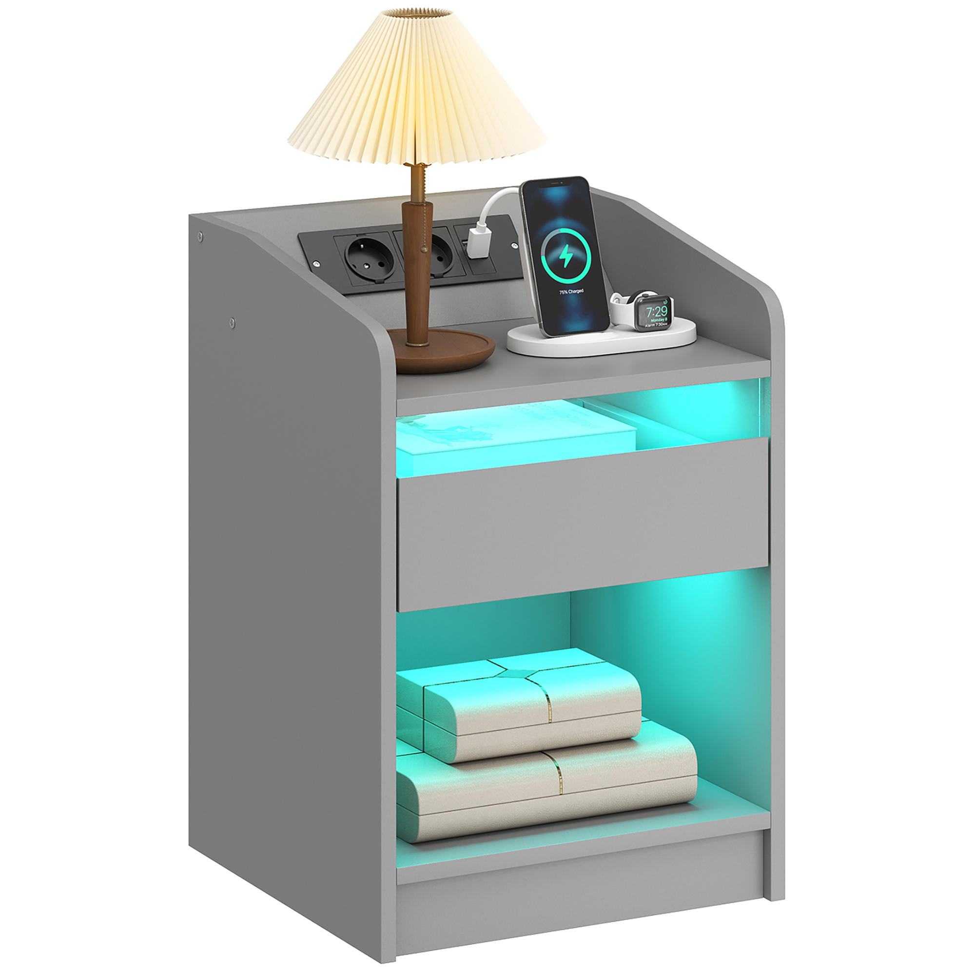 HOMCOM Mesita de Noche con Estación de Carga y Luz LED RGB, Mesilla de Noche Dormitorio con Cajón, Estante Abierto, Puertos USB y Control Remoto, para Salón, Estudio, 40x40x58 cm, Gris