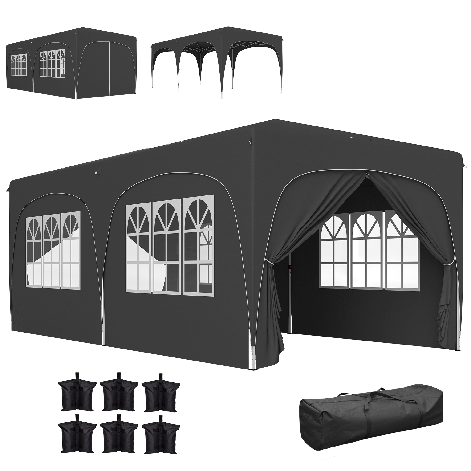 Outsunny Carpa Plegable 3x6 m, Cenador Pabellón de Jardín con Altura Ajustable de 3 Niveles, 4 Paredes Laterales, Ventanas y Bolsa Transporte, UPF50+, Impermeable para Fiestas, Exterior, Gris Oscuro