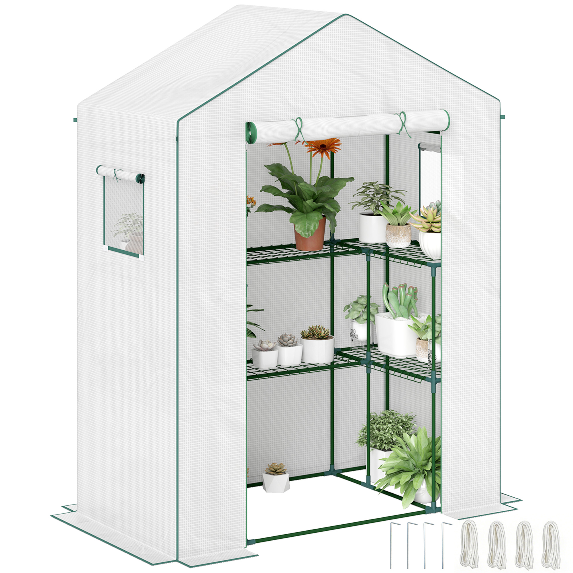 Outsunny Invernadero de Exterior de 3 Niveles Invernadero de Jardín con Puerta Enrollable 2 Ventanas Estantes en Forma de U para Cultivo de Plantas en Terraza Patio 140x73x190 cm Blanco