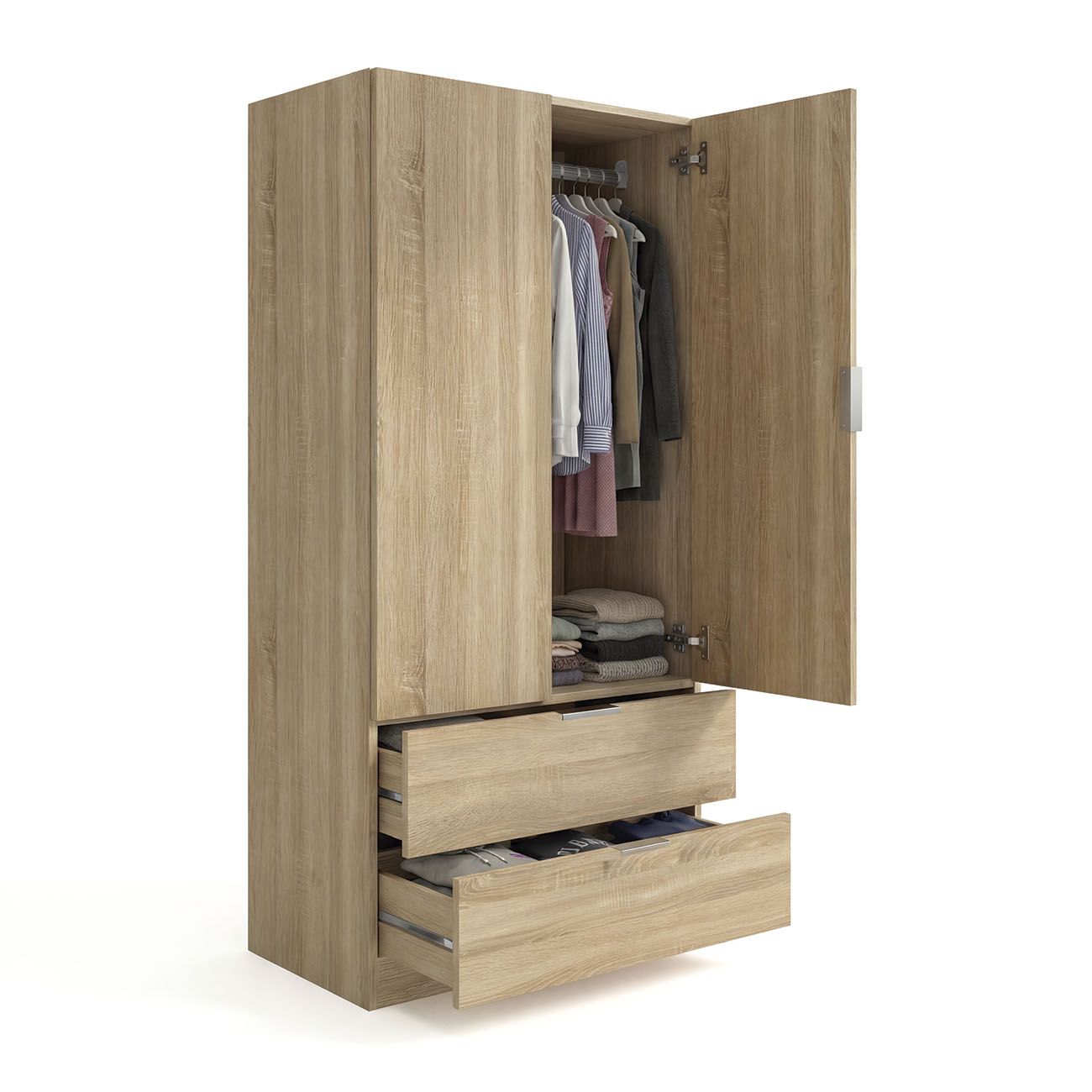 duehome - Armario de 2 puertas y 2 cajones Lark para dormitorio, fabricado en melamina de alta calidad, medidas 81,5x180x52 cm, diseño nórdico moderno con barra colgante y estantes integrados