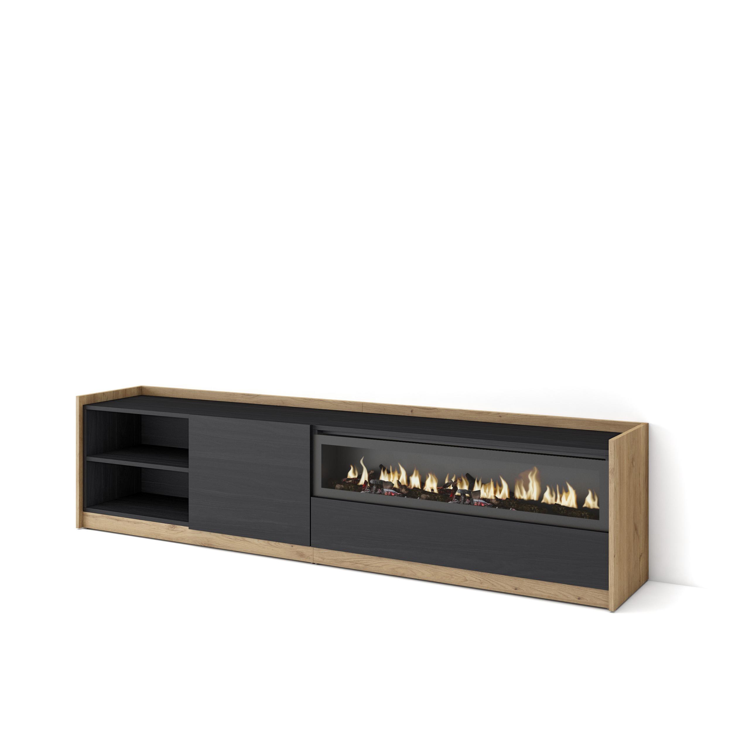 Skraut Home, Mueble TV, Televisión, Muebles de salón, almacenaje, 207x37x50 cm, Para TV hasta 80", Chimenea eléctrica