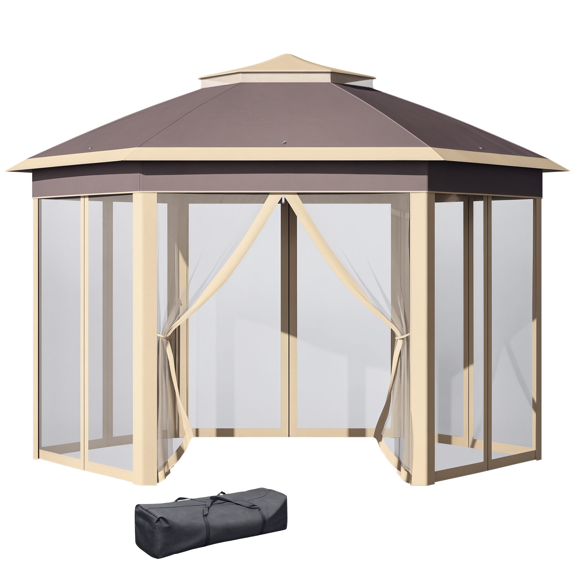 Outsunny Carpa Plegable 4x3,4x2,85 m Cenador de Jardín Hexagonal con Doble Techo 6 Mosquiteras Desmontables Bolsa de Transporte Altura Ajustable en 3 Niveles y Anti-UV Gazebo para Fiesta Patio Beige