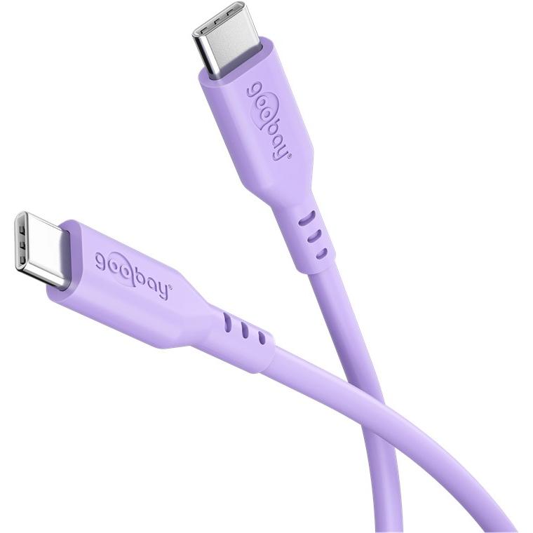 goobay Cable USB-C a USB-C de silicona 1.5 m, lila – carga rápida 60 W PD, transferencia de datos 480 Mbit/s, flexible, anti-enredos, con brida de sujeción, para smartphones, portátiles, consolas
