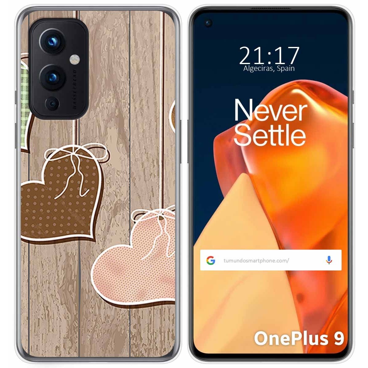 Tumundosmartphone Funda Gel Tpu para OnePlus 9 5G diseño Corazones Madera Dibujos