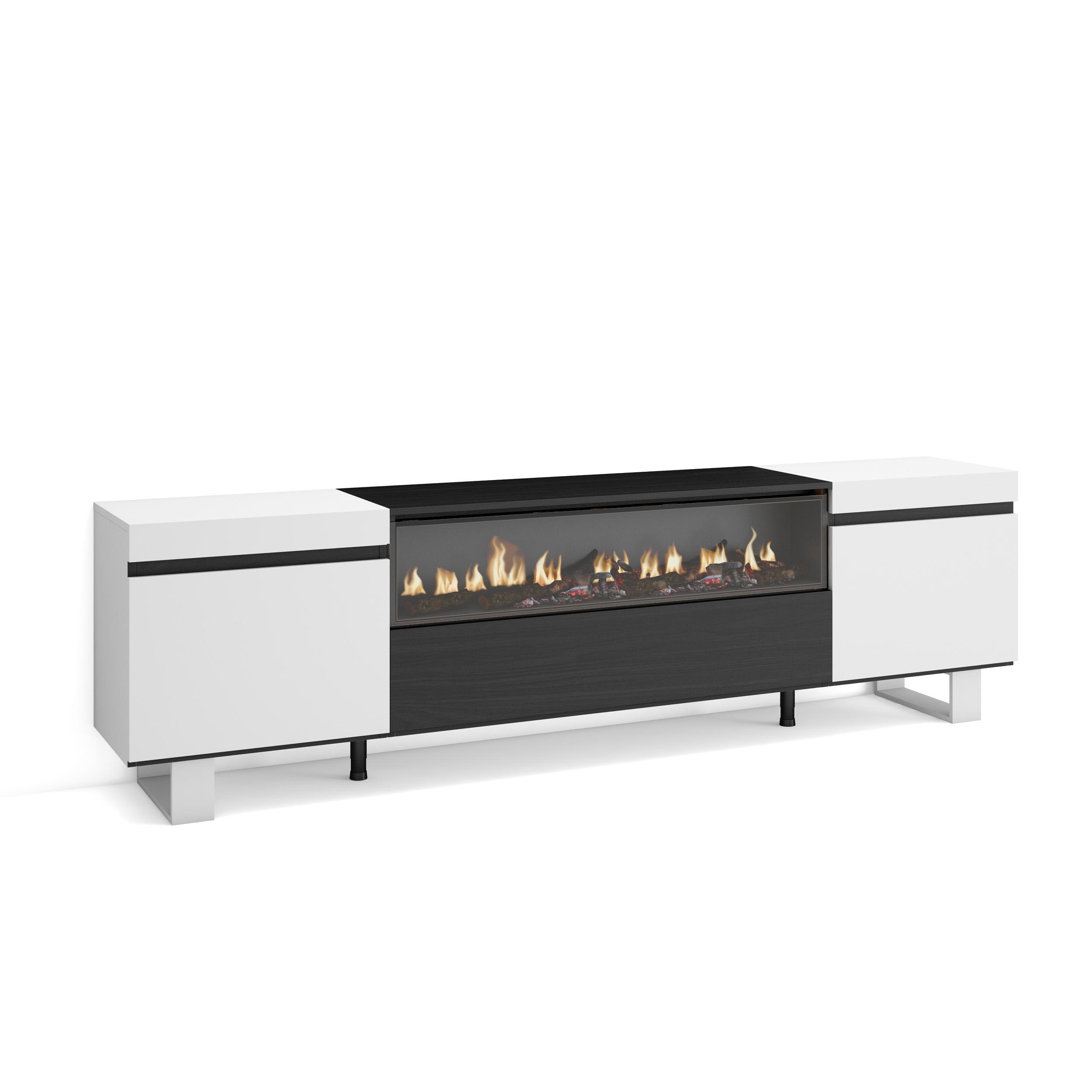 Skraut Home, Mueble de Televisión en melamina de alta calidad, 203x35x57cm, Fuego led efecto 3d