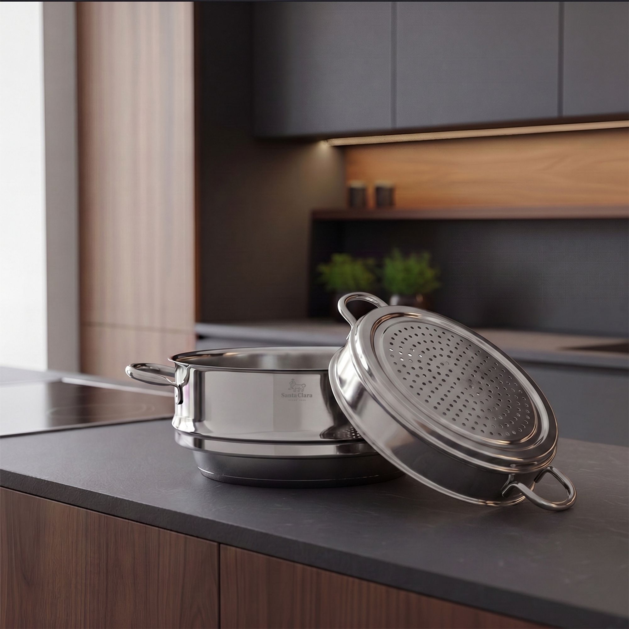 SANTA CLARA | Vaporera con Tapa 24 cm de Acero Inoxidable Brillo, Cesta Vaporizadora con Asas y Tapa Perforada, Olla para Cocinar al Vapor Verduras y Pescado, Menaje de Cocina