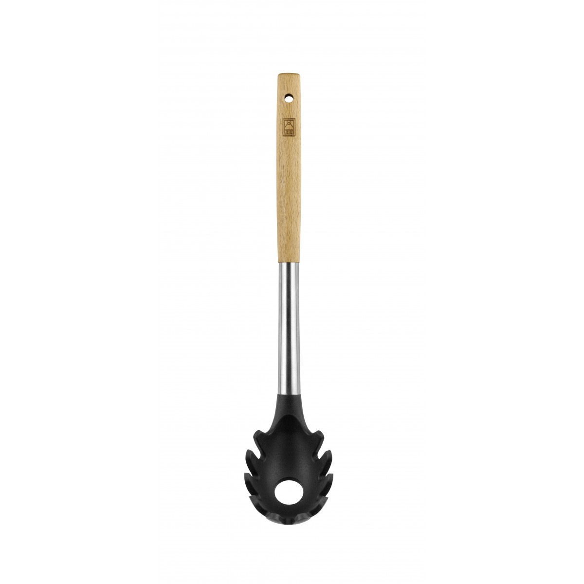 Bra - Cuchara de Pasta Market, Utensilio Cocina, Madera de Haya, Acero Inoxidable, Silicona Gris, Laterales Dentados, Fácil de Limpiar
