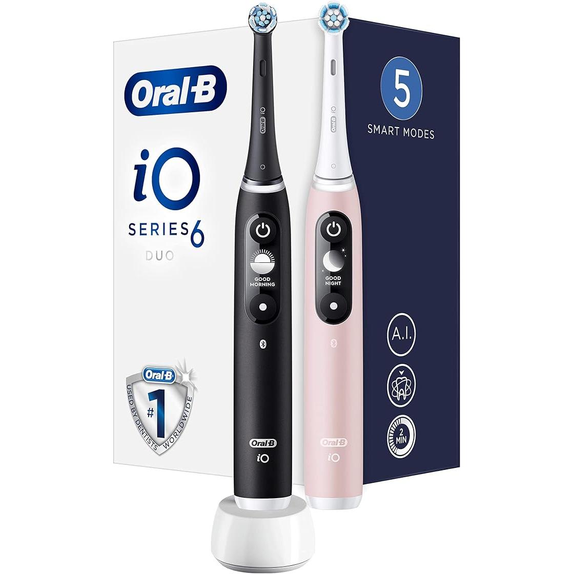 Oral-B iO 6 Duo. 2 Cepillos de Dientes Eléctricos Recargables con AI, 2 Cabezales, Colores Negro y Cuarzo Rosa, Producto Europeo con Garantía Oficial.