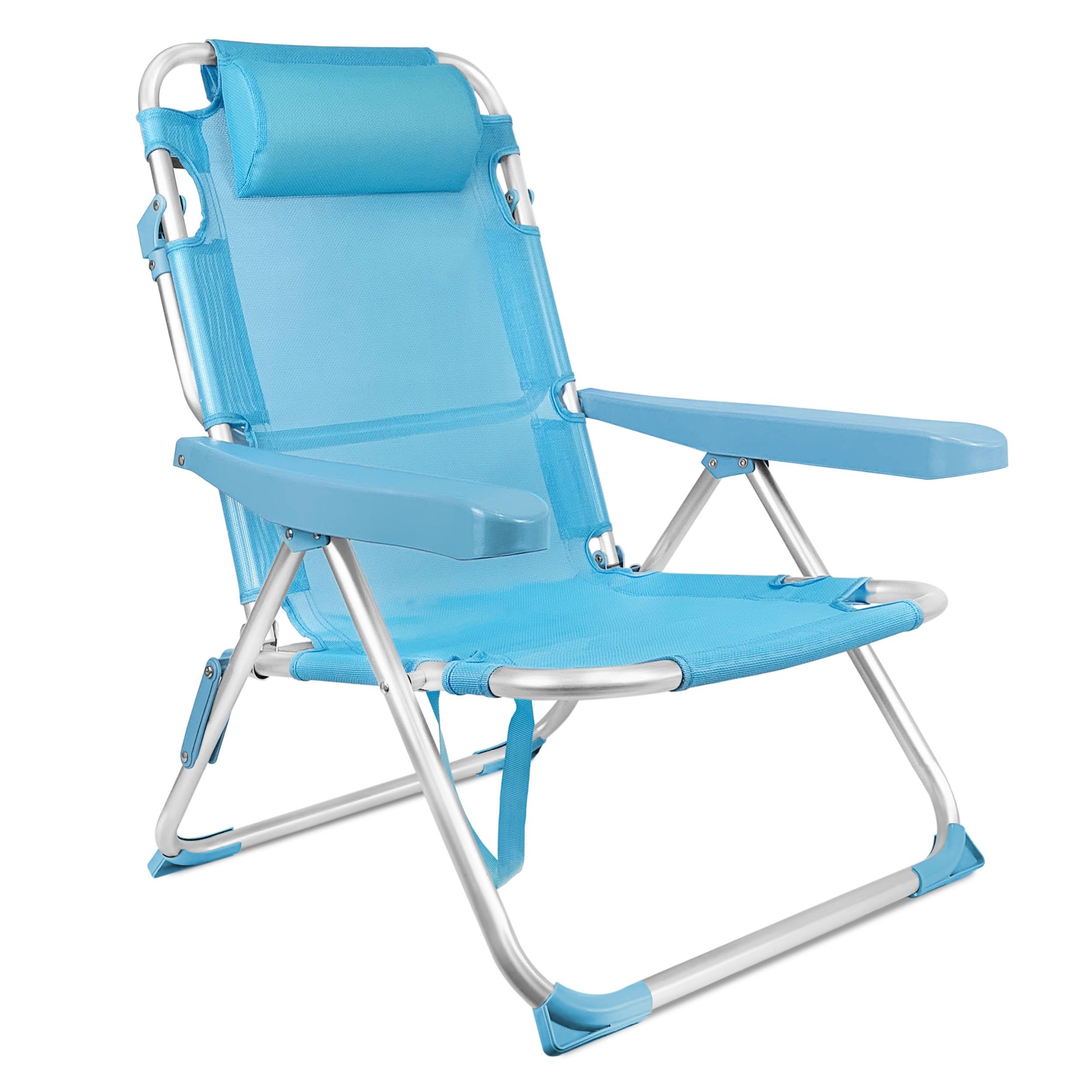 Silla de Playa Plegable, Azul Turquesa, Estructura de Aluminio y Textileno, 4 Posiciones, con Cojín reposacabezas, Medidas 60x22x85.5 cm, Peso Máximo de 110Kg