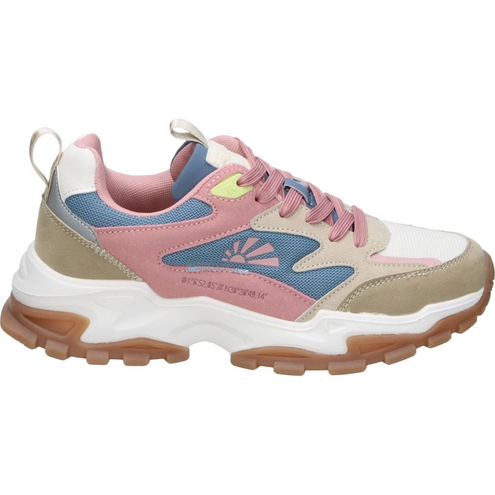 REFRESH | Zapatillas con Plataforma Refresh para Mujer – Deportivas Beige con Detalles en Azul, Blanco y Rosa – Sneakers con Cordones – Suela Track con Plataforma – Cómodas y Versátiles – Modelo 175017