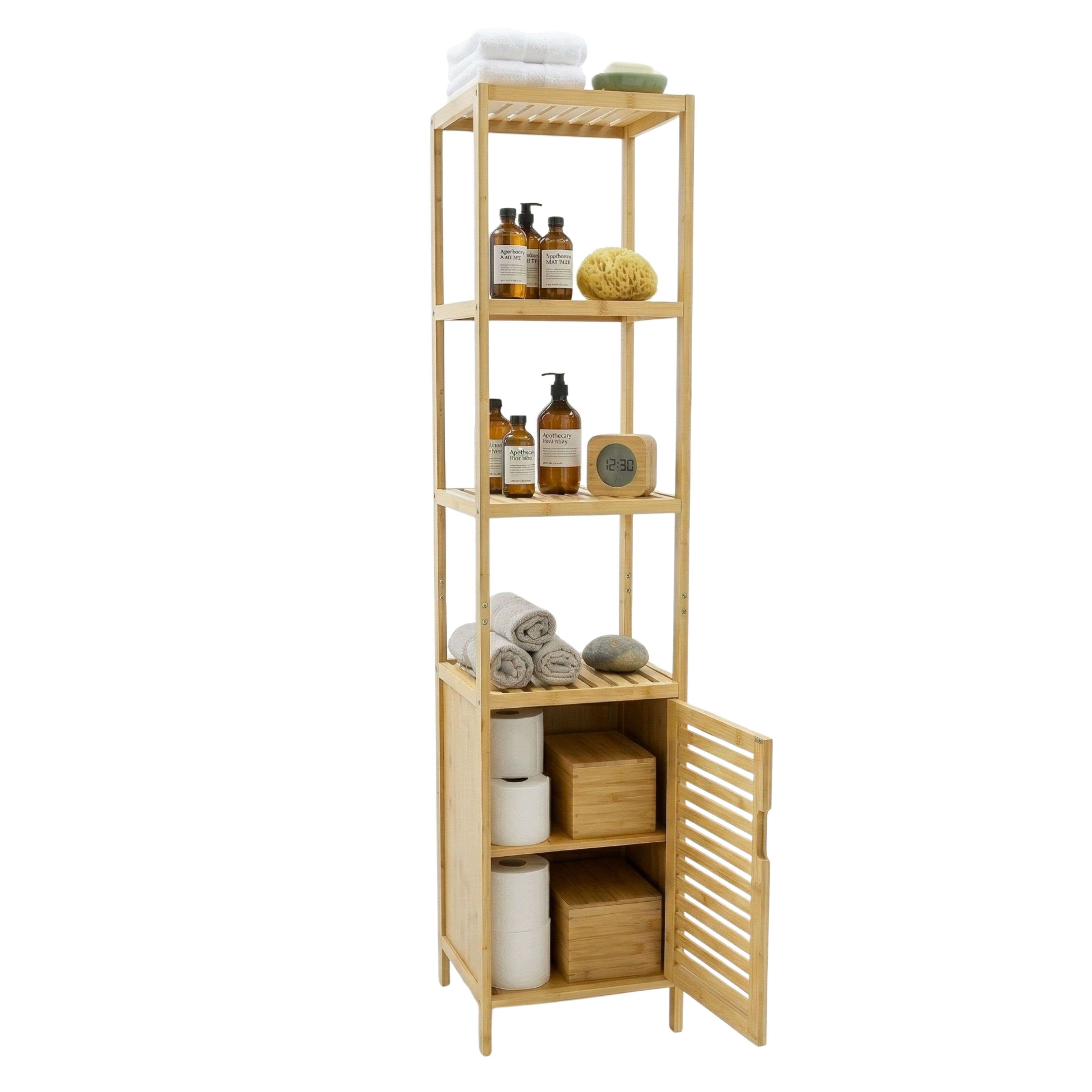 Miroytengo Estantería Bambú Baño Take 4 estantes, 1 Puerta imantada inferior Marrón 34x170x33 cm