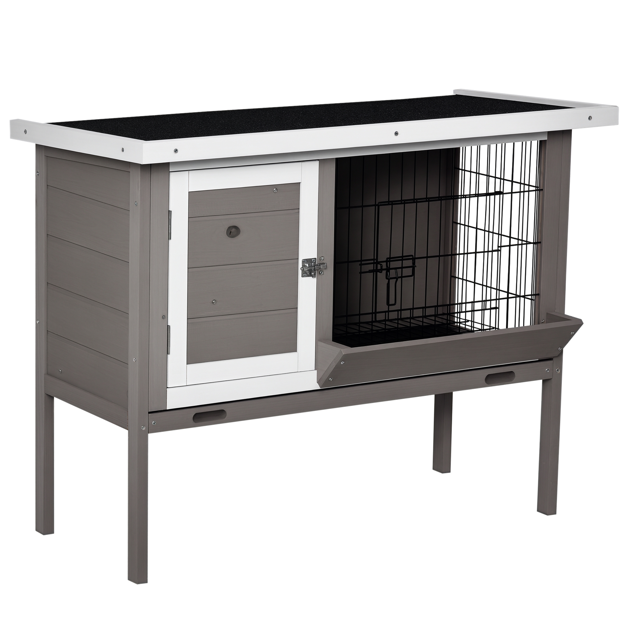 PawHut Conejera de Madera Exterior Jaula Elevada para Conejos Cobayas Animales Pequeños con Techo Asfáltico Abatible Comedero Bandejas Extraíbles y 2 Puertas 91x46x71 cm Gris